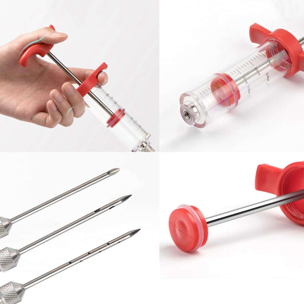 Plastic Meat Injector, Turkey Injector Syringe, Marinade Injector Turkey Injection Kit, Meat Injectors for Smoking, BBQ Grill Injector, Red 1oz (1 Injector 3 Needles) 3