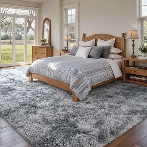 Prabia 5x8 Tie Dyed Grey Rug,Super Soft Fluffy Plush Carpet for Living Room & Bedroom,Modern Shaggy Rugs for Girls Kids Room, Nursery & Dorm,Anti-Slip Fuzzy Home Decor 2
