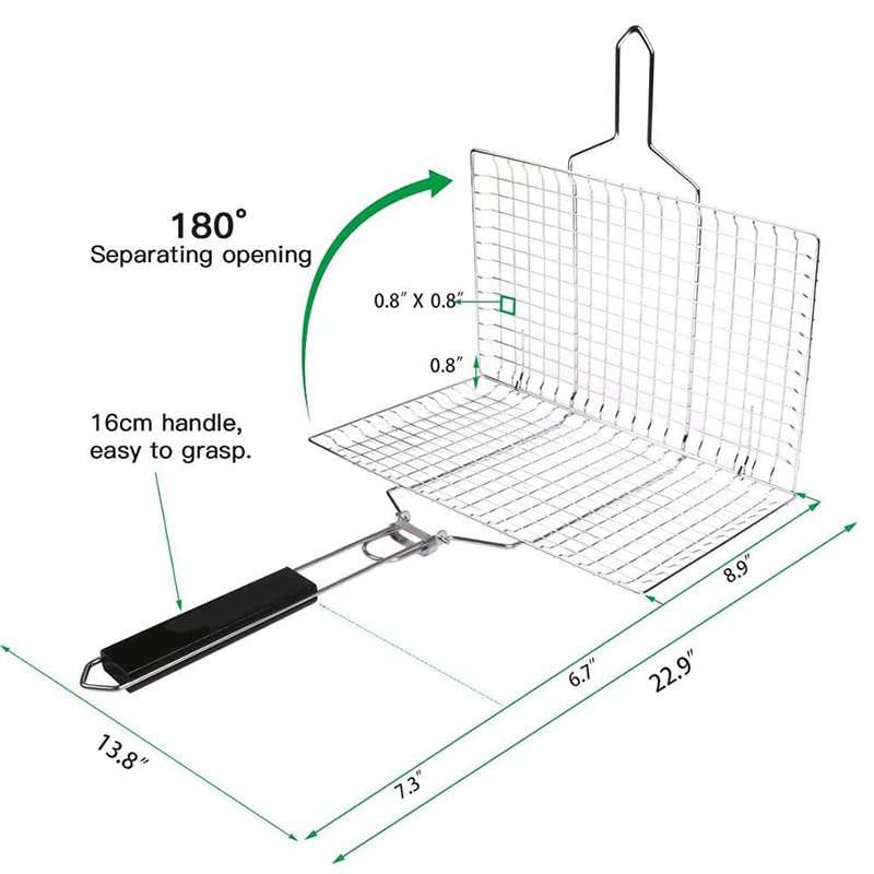 Divvy Chromium Plated Barbecue BBQ Grill Net Basket for Fish Vegetables, Steak Shrimp Chops and Other Food with Wooden Handle 6