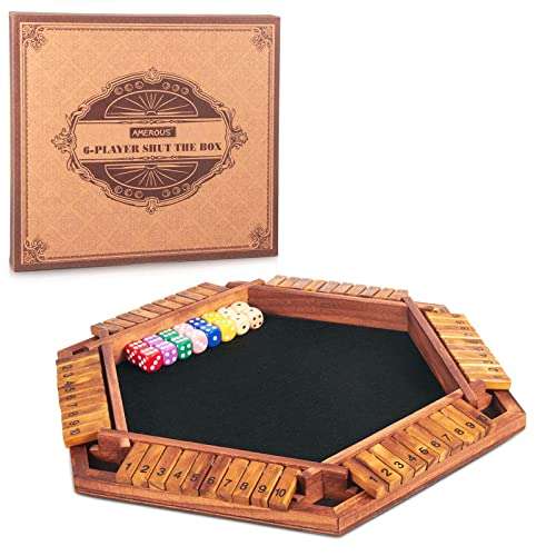 AMEROUS Upgraded 1-6 Players Shut The Box Dice Game, Wooden Board Table Math Game with 16 Dice for Kids Adults, Family Classroom Home Party or Pub 1