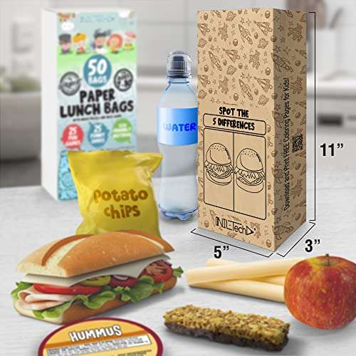 Kids Brown Paper Lunch Bags Disposable - Eco Friendly Kraft Paper Bags for School Snacks, Sandwich, Parties - 50pc Bulk Pack 2
