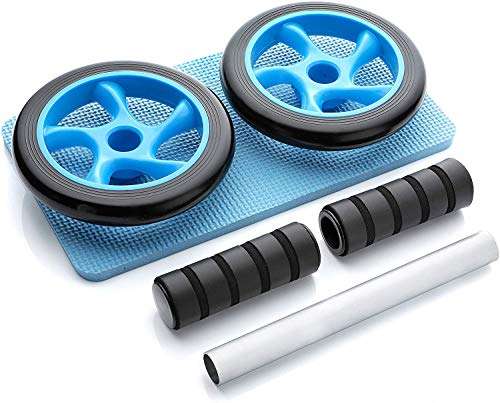 SKYFUN (LABEL) Home Gym Adjustable Core Abdominal Stomach Exercise Workout Abs Double Wheel Roller Fitness Exerciser Equipment With Knee Mat-Blue 2