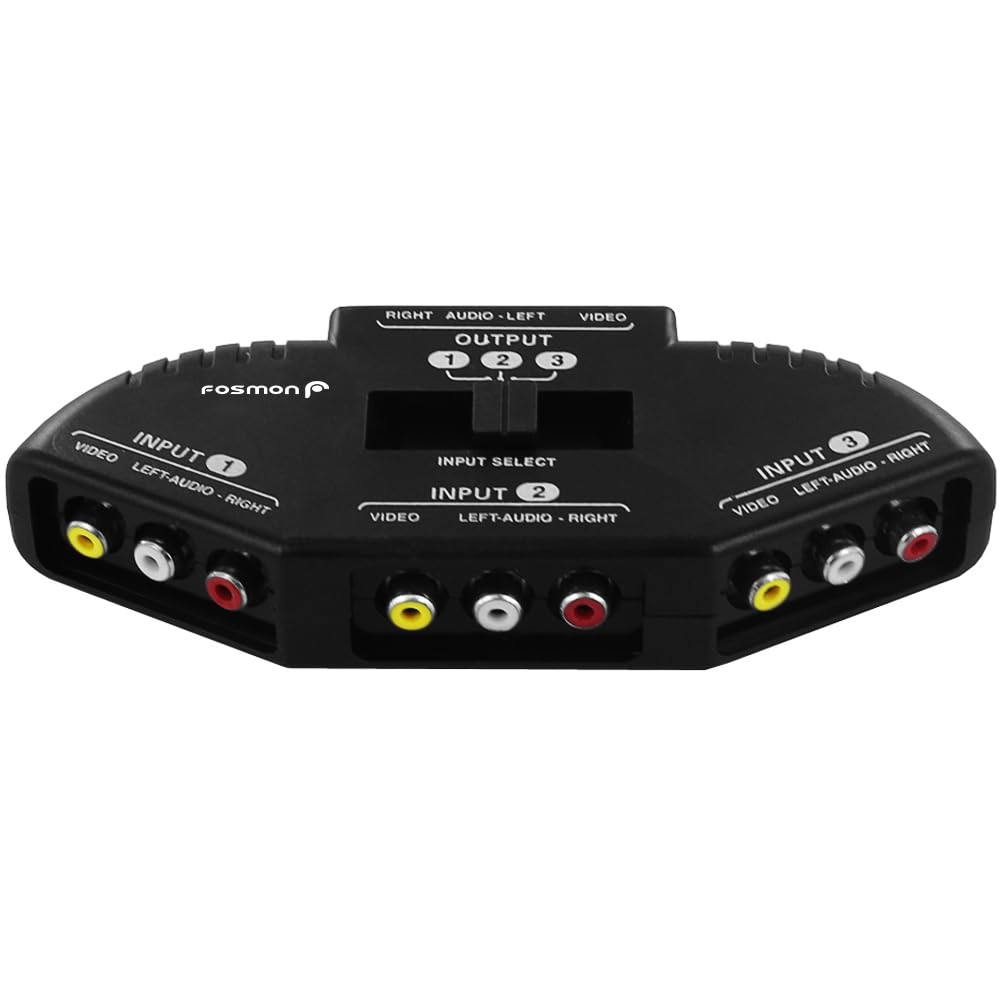 Fosmon 3-Way RCA Splitter & AV Switcher, 3 In (Female) 1 Out (Female) Audio Video Stereo Selector Switch Box with RCA Composite AV Patch Cable 2.6FT (1 Set) for HDTV, STB, Game Consoles 6