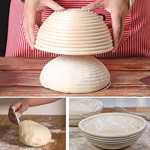 Farielyn-X 2 Set 9 Inch and 10 Bread Inch Banneton Proofing Baskets - Baking Dough Bowl Gifts for Bakers Proving Baskets for Sourdough Lame Bread Slashing Scraper Tool Starter Jar Proofing Box 4