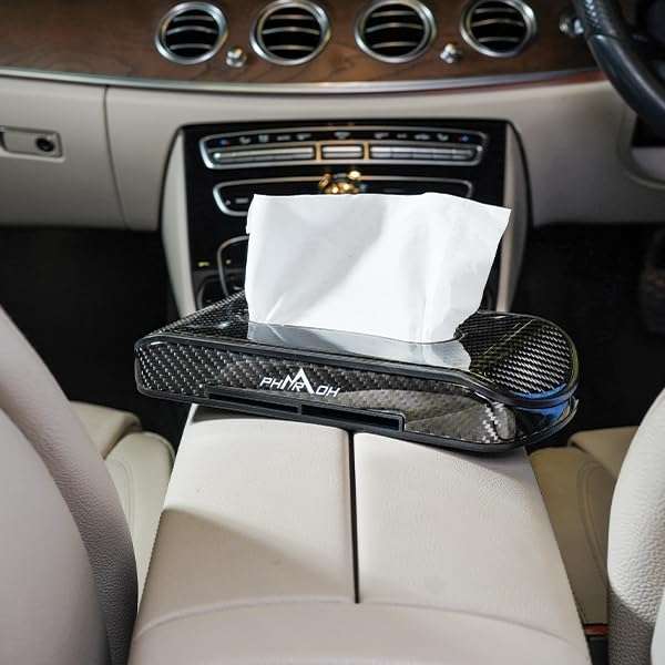 Product Title: Pharaoh Premium Carbon Fiber Car Tissue Holder - Sleek Design, Easy Clamps, Built-in Car Holder - Car Tissue Box (with Sunvisor Clamp) 3