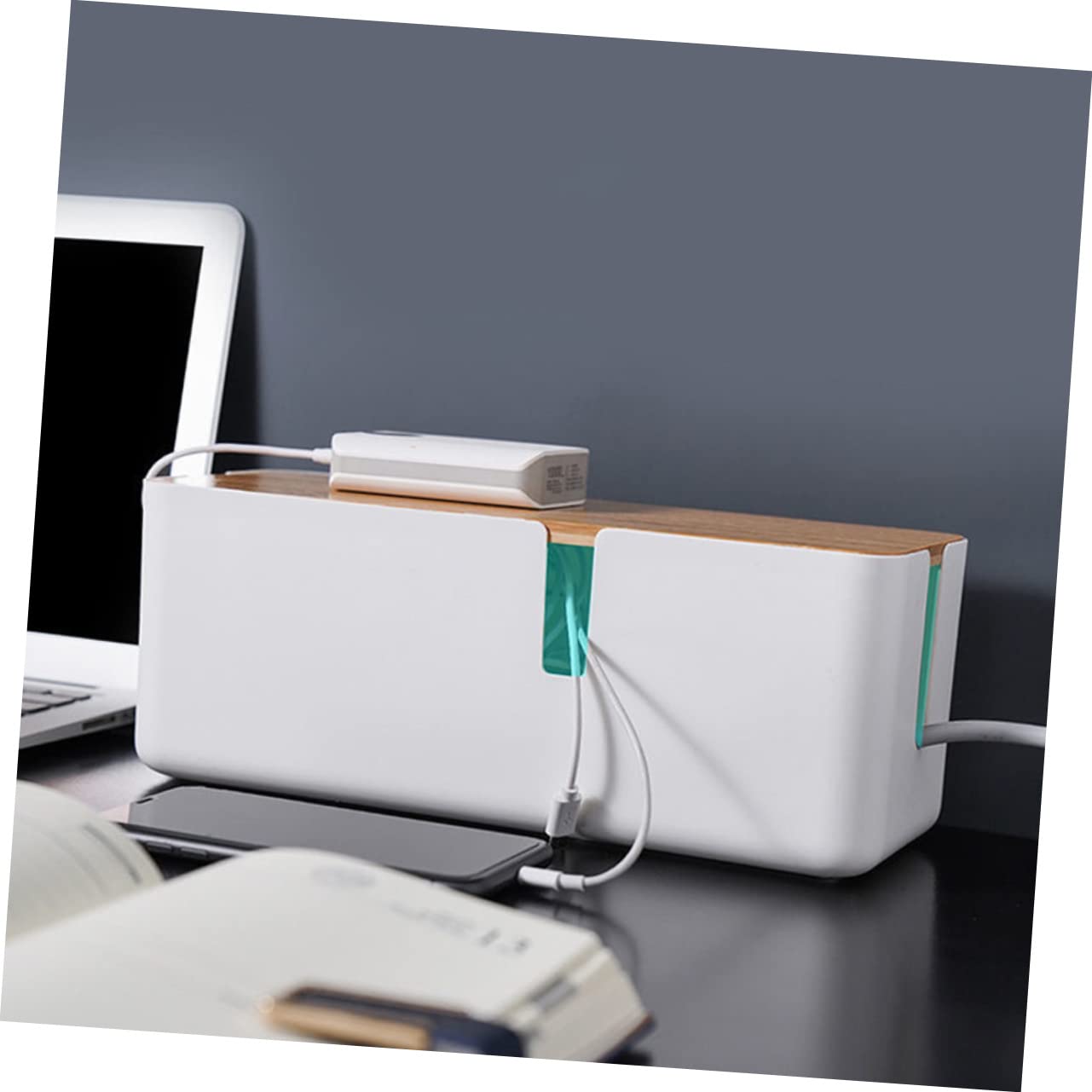Angoily Wire Storage Box Cord Organizer Case Wire Management Desktop Power Supply Charging Cable Electrical Cords Plug Socket Organiser Power Line Manager Desks Cable Plastic White 6