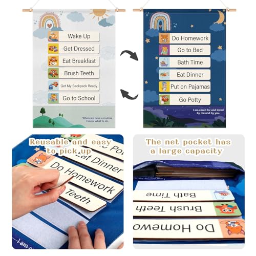 Canvas Visual Schedule for Kids, Schedule Board for Home with Wooden Blocks, Reward Chart Bedtime Routine Chart for Toddlers, Morning Routine Chart for Kids, Toddler Daily Routine Chart for Kids 4