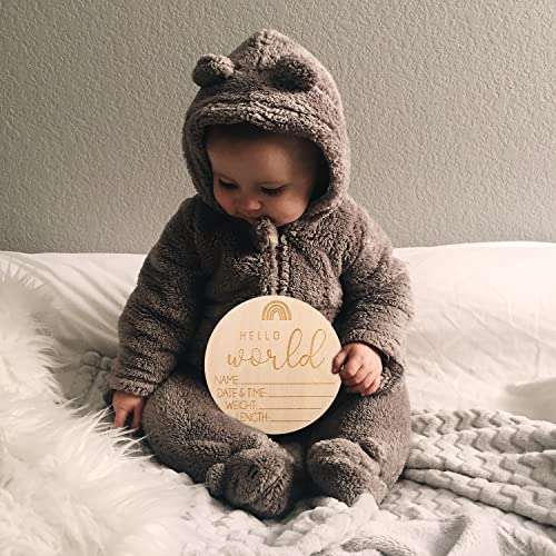 Wooden Baby Announcement Sign, Birth Announcement Sign Round Wooden Newborn Welcome Sign Hello World New Baby Name Announcement Sign for Girl Boy Photo Prop Baby Shower Nursery Hospital 4
