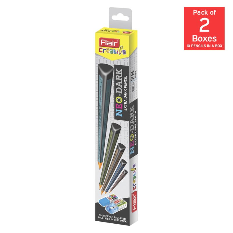 FLAIR Creative Series Neo-Dark 2B Extra Dark Graphite Triangular Pencil | Sharpener & Eraser Included in the Box | Pack Of 20 Pencils 3
