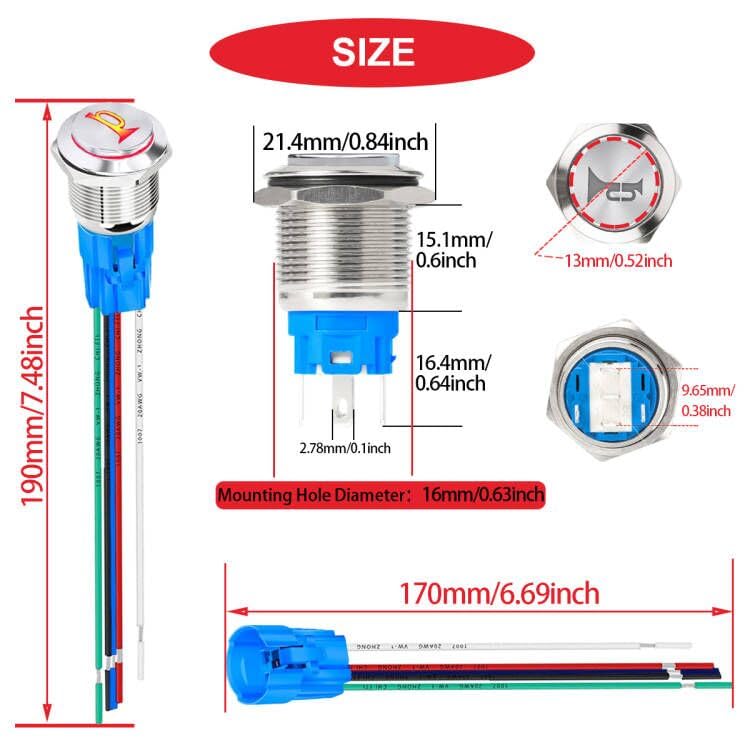 MKBKLLJY 4Pcs 16mm Mounting Hole Raised Speaker Horn Momentary Push Button Switch DC 5A 12V Blue Red LED Light Silver Stainless Steel Shell 1NO 1NC SPDT with Wire Socket Plug for Car Marine Boat 5