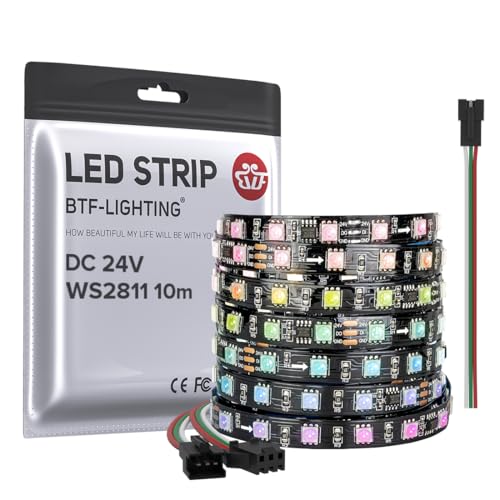 BTF-LIGHTING WS2811 DC24V 32FT Addressable RGB LED Strip 600LEDs 100Pixels Dream Color Black PCB IP30 Non-Waterproof Works with Arduino/Respberry/etc Prevent Voltage Droping(No Adapter or Controller) 1