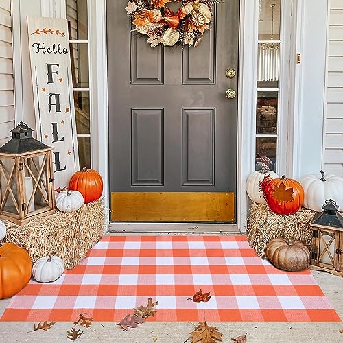 Fall Plaid Area Rug 3x5 Ft, Orange and White Buffalo Check Large Farmhouse Cotton Rug, Hand-Woven Washable Indoor Outdoor Carpet for Halloween Thanksgiving Autumn Porch Patio Decor 1
