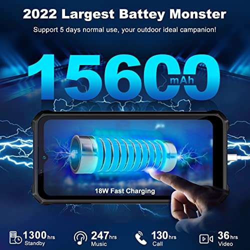OUKITEL WP15S (2022) Rugged Smartphone 15600mAh Battery, 4GB+64GB Android 11 Cell Phone, 6.52 HD+ Display IP68 Waterproof Rugged Phone, NFC GPS 4G Dual SIM Unlocked Cell Mobile Phone BLACK1x 2