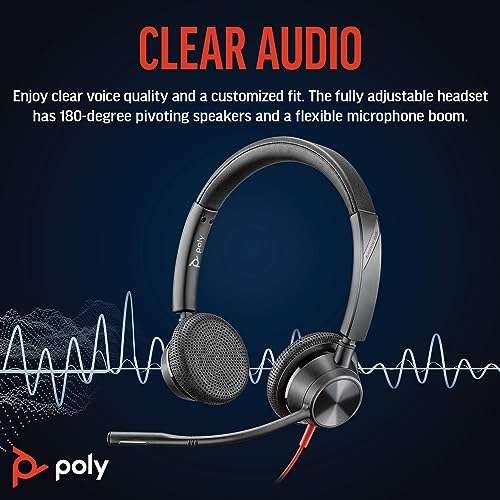 Poly Blackwire 3325 Wired Headset (Plantronics) – Flexible Microphone Boom – Hi-fi Stereo - Connect to PC/Mac/Mobile via USB-C, USB-A, or 3.5 mm - Works with Teams, Zoom - Amazon Exclusive 2