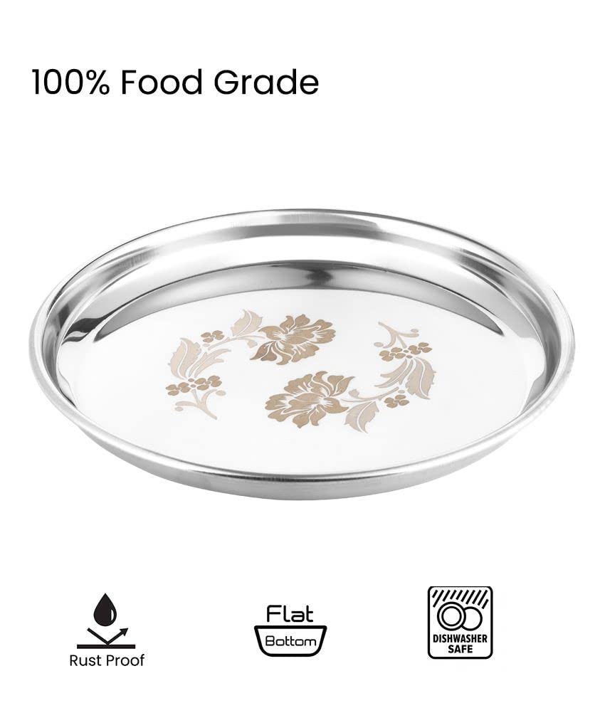 KC Stainless Steel Dinner Plate | Thali | Khumcha Plate with Laser Flower Design Set of 4 Plates (Diamm. 27 Cms) 6
