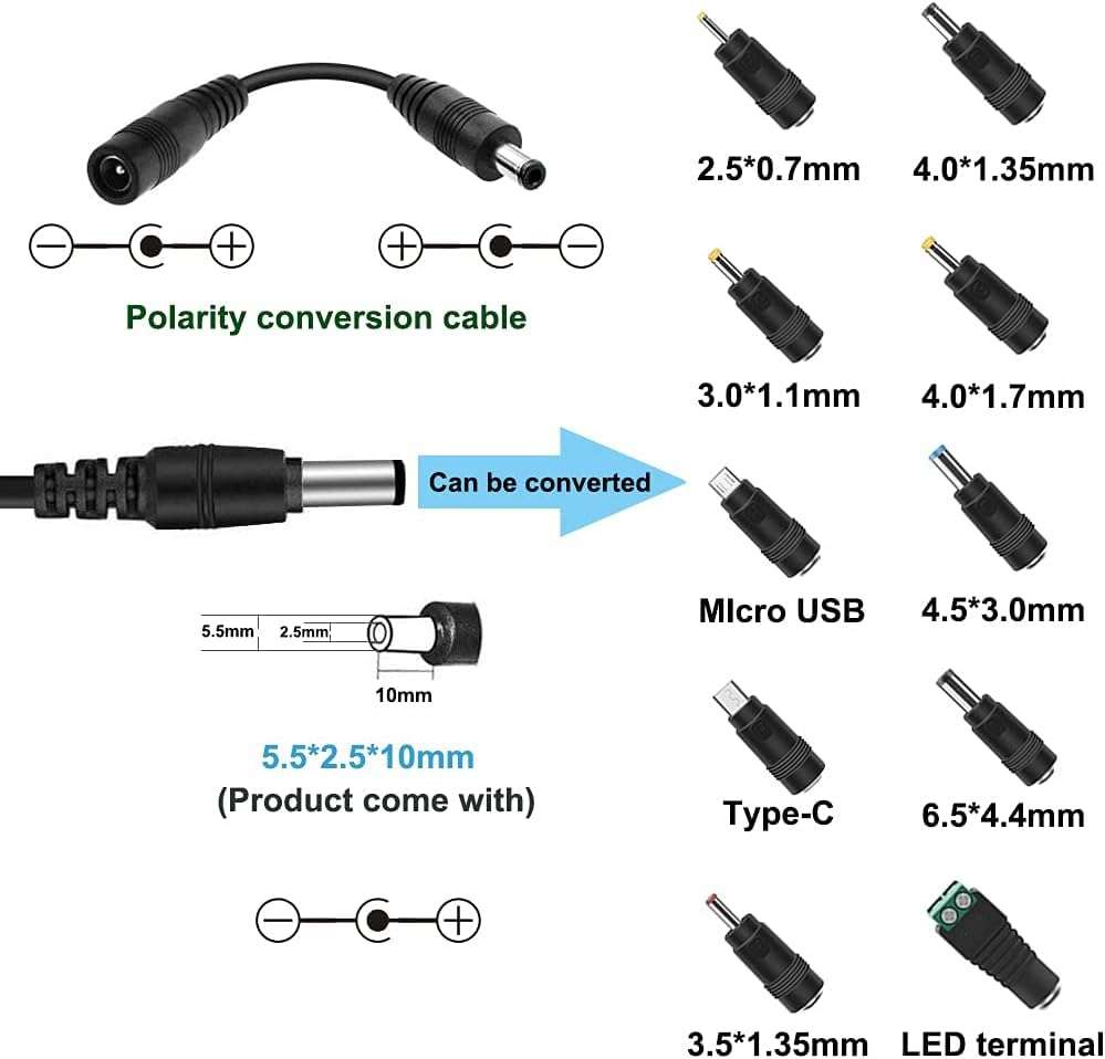 60W Adjustable Volt 24V Power Supply AC to DC Switching 5V 6V 9V 12V 15V 17V 18V 19V 20V 24V with LED Voltage Display, Includes 10 Tips & Polarity Converter Cable 3