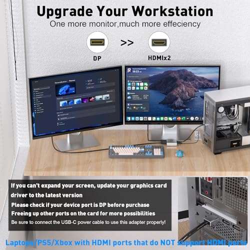 UANTIN DisplayPort to Dual HDMI Adapter | 4K 60Hz DP Source to HDMI Splitter Extended Display Adapter for Dual Monitors,Display Port Converter for NVIDIA, AMD Graphics Card 4
