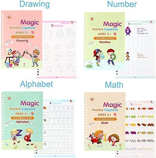 Magic Practice Copybook for Kids, Reusable Calligraphy and Number Tracing Workbook Set, 4 Books with 10 Refills and 1 Pen, Ages 3+, Preschool Learning Kit 5