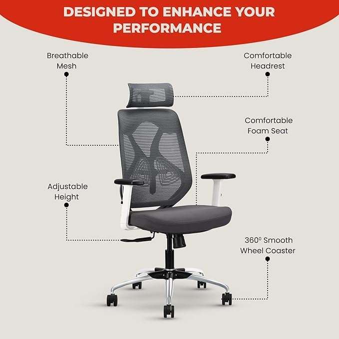 IAFA FURNITURE® Ergolux High Back Ergonomic Office & Study Chair | 3 Year Warranty | Adjustable Height, Tilt Lock, 2D Headrest, Adjustable Arms & Lumbar Support | Heavy Duty Metal Base | DIY | Grey 6