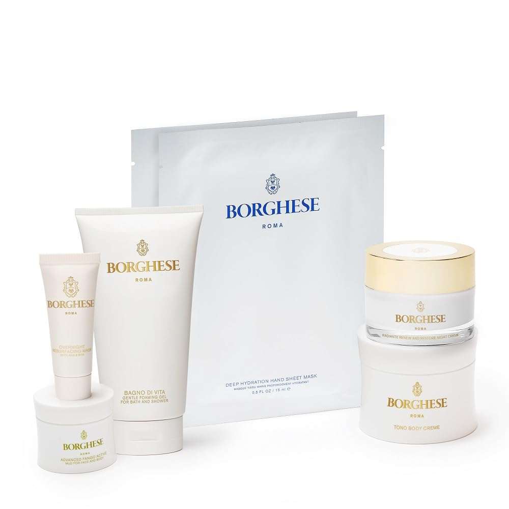 Borghese 7-Piece Skin Perfecting Gift Set - Includes Mud Mask, AHA BHA Overnight Mask, Night Face Cream, Hand Sheet Masks, Shower Gel, & Body Cream 3