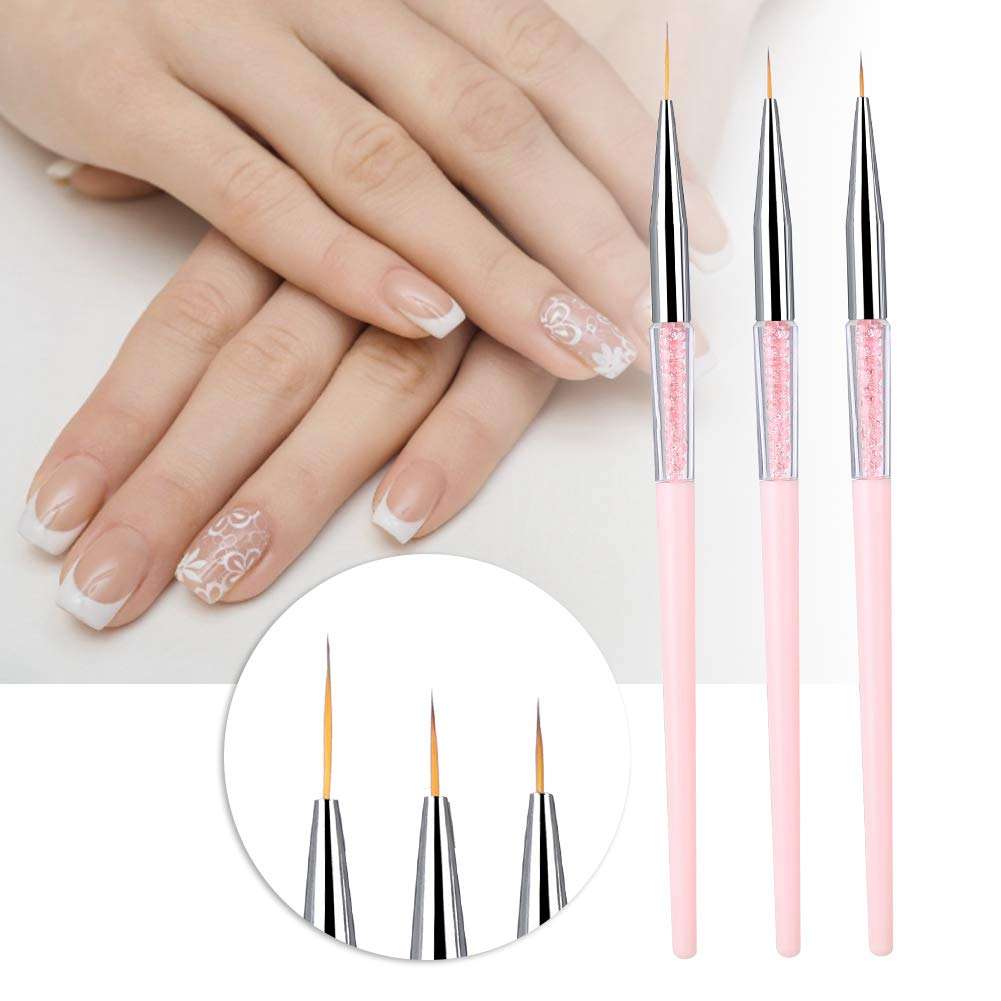 HURRISE Nail Art Liner Brushes, 3pcs Nail Art Pen Nail Art Dotting Liner Brush UV Gel Painting Pen Drawing Tool Set Rhinestone Handle(Pink) 3
