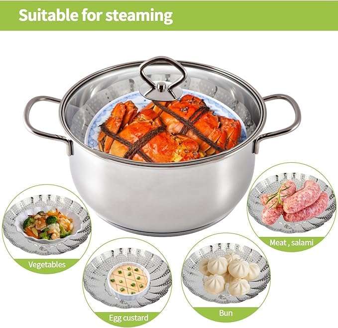 EarthBliss Stainless Steel Foldable Vegetable Steamer Basket | Expandable Steaming Basket for Idli, Momos, Eggs & Vegetables | Fits Cooker, Pot & Pan 6