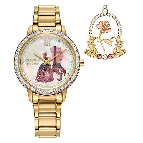 Citizen Women's Eco-Drive Disney Princess Belle Crystal Watch and Pin Gift Set in Gold tone Stainless Steel, Beauty and The Beast Mother of Pearl Dial (Model: FE7048-51D) 1
