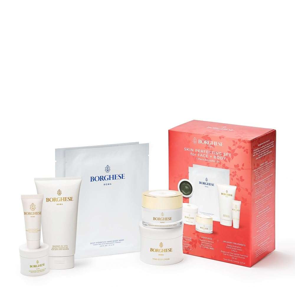 Borghese 7-Piece Skin Perfecting Gift Set - Includes Mud Mask, AHA BHA Overnight Mask, Night Face Cream, Hand Sheet Masks, Shower Gel, & Body Cream 1