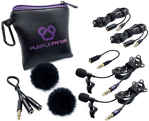 Purple Panda Dual Interview Lavalier Lapel Microphone Kit (2 Pack) for Podcast - Professional Omnidirectional Clip On Lav Mic - Compatible with iPhone, Android, DSLR Camera, Samsung, Zoom, Tascam 1