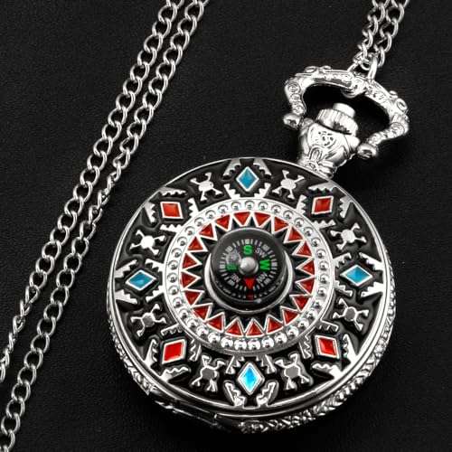 Retro Pocket Watch Relief Art American Southwest Cross Totem Compass Case Quartz Pocket Watch with Chain Christmas Graduation Birthday Gifts(Silver) 6