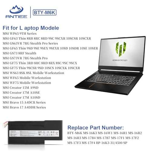 ANTIEE BTY-M6K Laptop Battery Compatible with MSI GS63VR 7RG Stealth Pro,GF63 Thin 8RB 8RC 8RD 9SC 9SCXR,GF75 Thin 3RD 8SC 8RD 8RC 8RX 9SC,GF65 Thin 10SDR 9SEXR 9SD,GS73 8RF MS-16K3 MS-16W1 MS-16R1 4