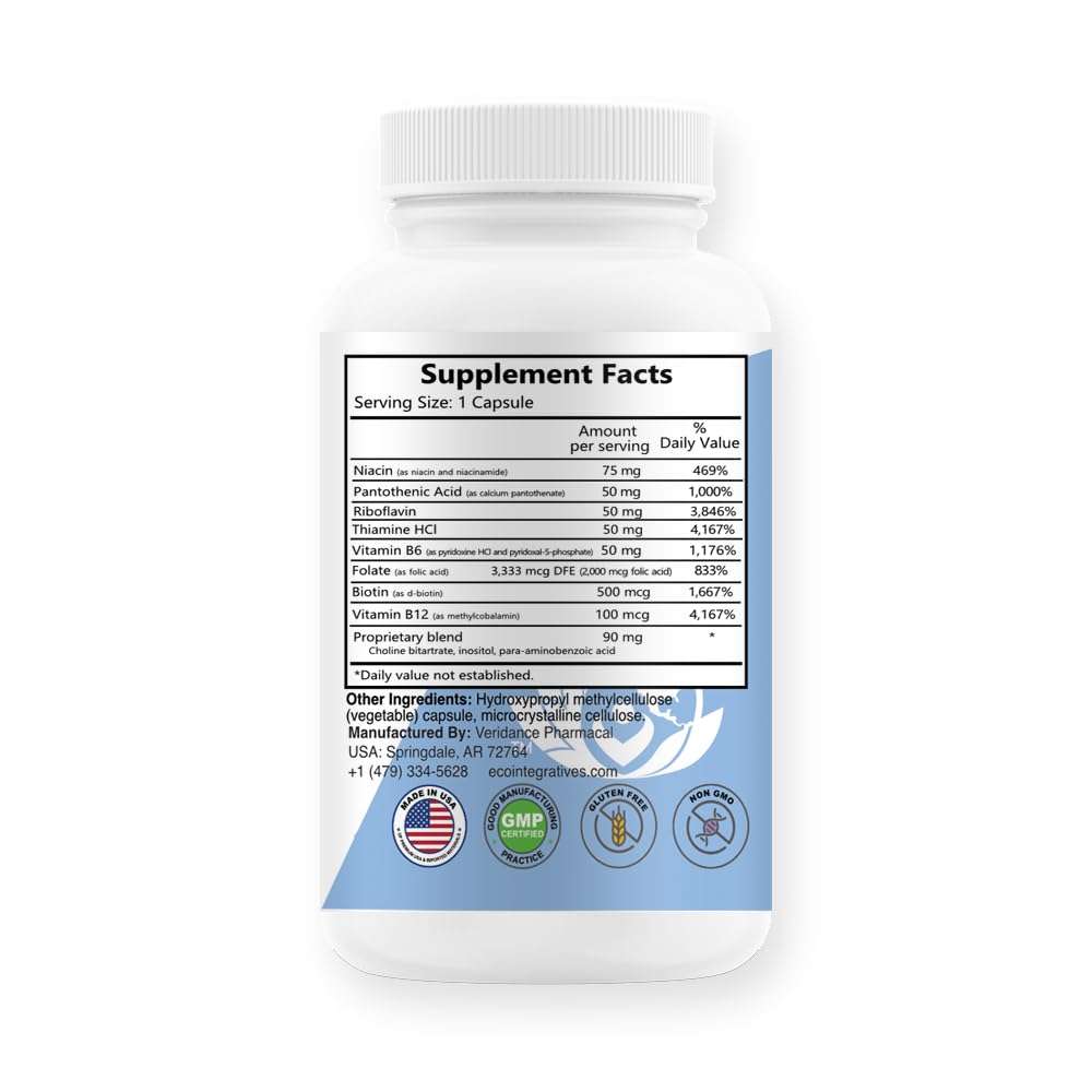 EcoIntegratives B Complete with Folate, All Vitamins B1, B2, B3, B5, B6, B7, B9, B12, and Choline Bitartrate for Energy, Brain Clarity, Neuro, Metabolism 100 Vegan Capsules 3