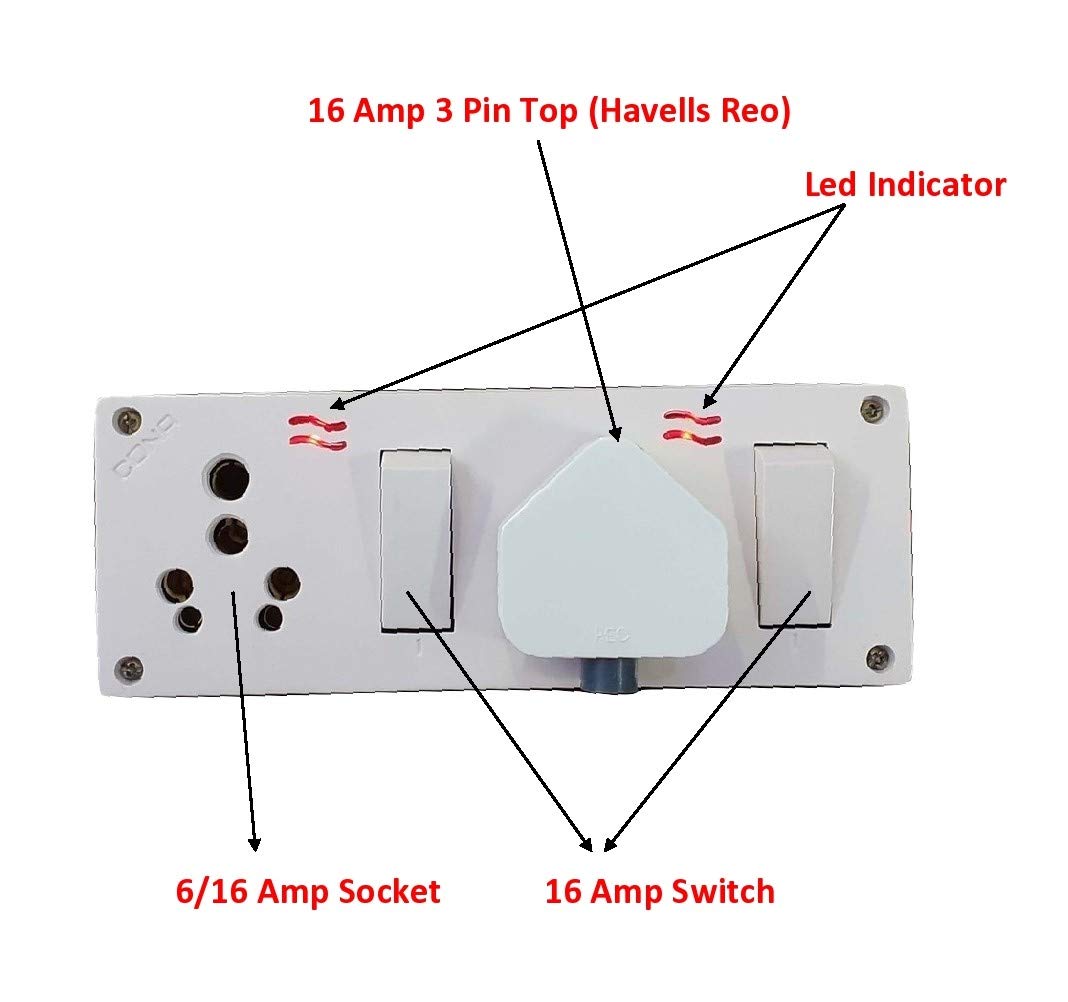 Cona Customised Extension Board with 1.5 mm Wire & Double Combine Socket 6/16 Amp & Switch 16 Amp with PVC Box & Indicator (10 Meter) 4