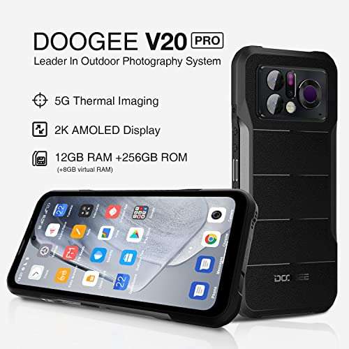 DOOGEE V20 PRO Rugged Smartphone 5G 2023, 1440 * 1080 Thermal Camera Unlocked Rugged Phone, 2K AMOLED Display Android Phone, 20GB+256GB Android 12 Cell Phone, 24MP Night Vision, NFC, OTG 2