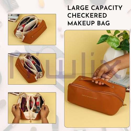 Niwlix Travel Cosmetic Makeup Pouches for Women Travel Organizer Bag Portable Pouch Open Flat Toiletry Bag Make Up Organizer with Divider and Handle (Brown) 4