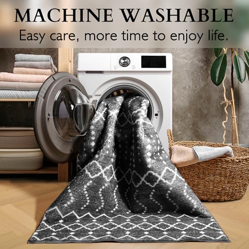 ONASAR Moroccan Area Rug, 3x5 Machine Washable Entryway Rug Indoor Door Mat Non-Slip Kitchen Rug Boho Bedroom Rug, Small Vintage Throw Rug for Bathroom Laundry Room Dorm Kitchen Mat (Black/White) 6
