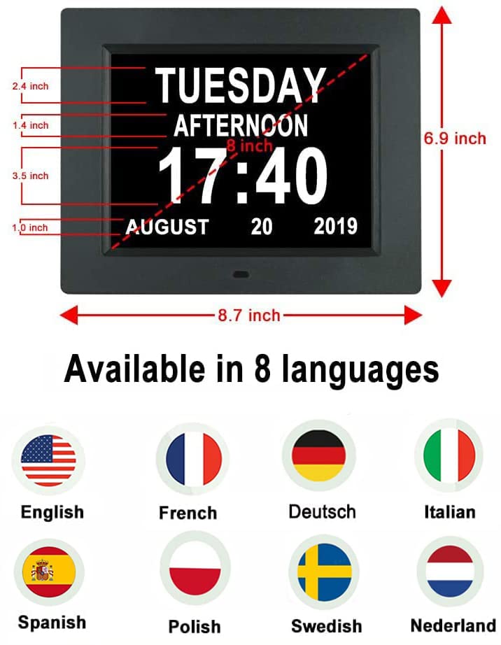 Aowasi Digital Clock Large Display with Date and Day of Week, 8 Alarm Options, Extra Large Digital Clock with Non-Abbreviated Day & Month Alarm Clocks for Seniors Dementia(Black) 2