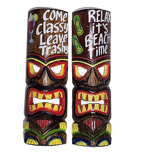 WorldBazzar 20" SET OF 2 HANDMADE TIKI MASK HAWAIIAN POLYNESIAN WALL ART TRIBAL BAR TROPICAL Come Classy Leave Trashy & Relax It's Beach Time Signs