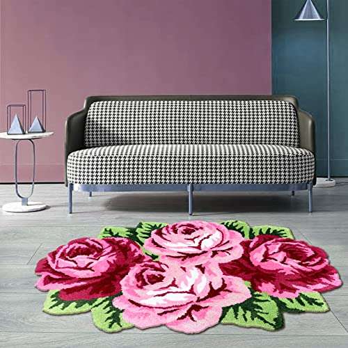 ABREEZE Rose Rug Pink Handmade Bathmat Floral Rug Girls Bedroom Rugs Washable Non-Slip Carpets Shaggy Bathroom Mat Machine Washable Living Room Area Rug, Non Slip Bath Mat, Luxury Bathroom Floor Mats 3