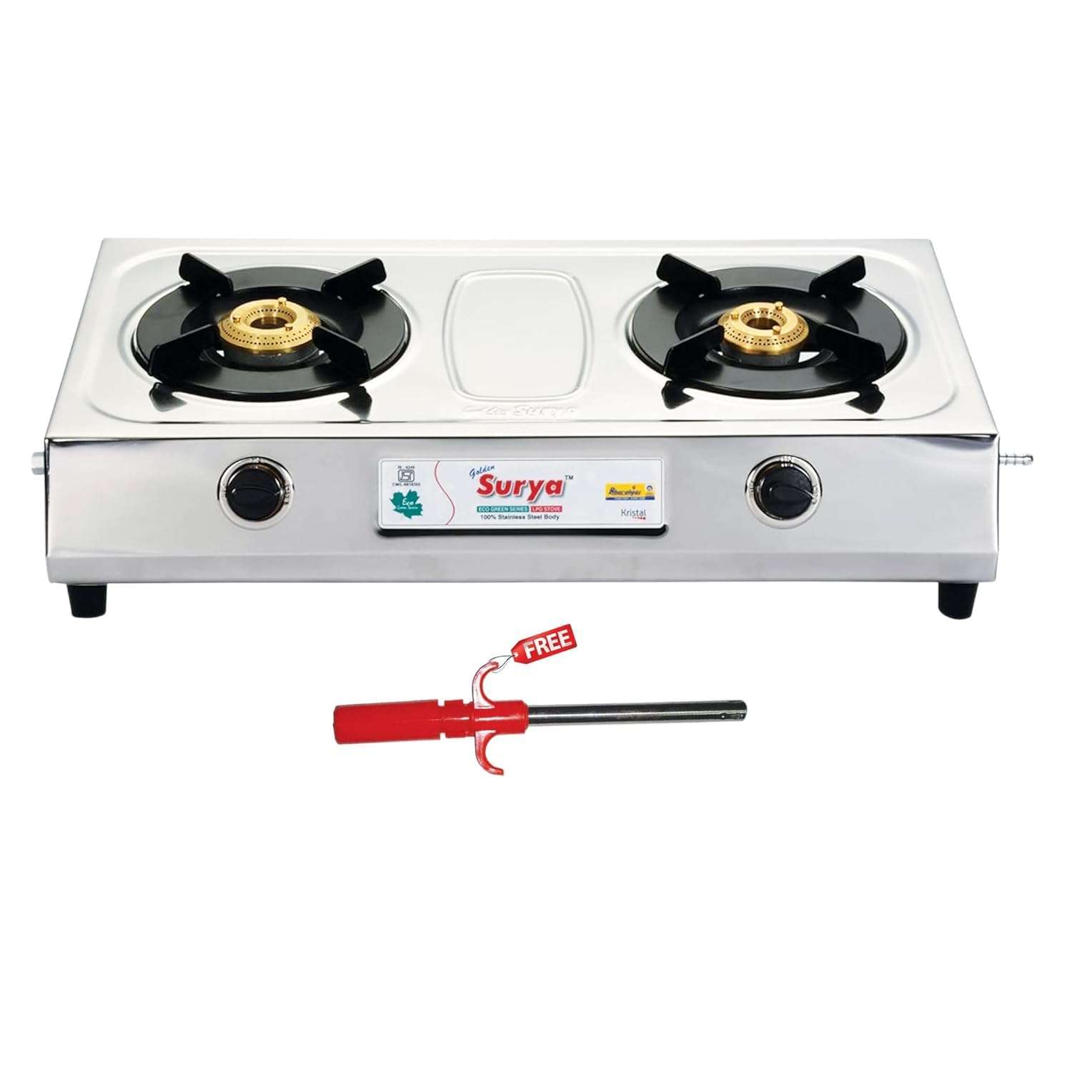 GOLDEN SURYA Manual Ignition Premium Stainless Steel High Efficiency 2 Burner Gas Stove, 18 Months Warranty, Chula Gas, ISI Certified, With Electronic Gas Lighter Free (Kristal) 1