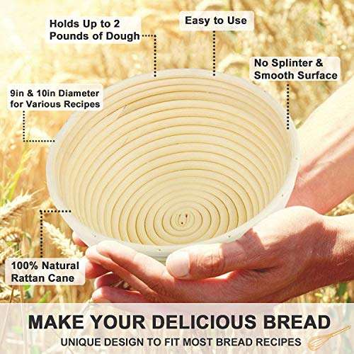 Farielyn-X 2 Set 9 Inch and 10 Bread Inch Banneton Proofing Baskets - Baking Dough Bowl Gifts for Bakers Proving Baskets for Sourdough Lame Bread Slashing Scraper Tool Starter Jar Proofing Box 3
