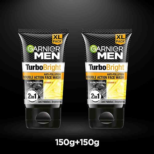Garnier Men Turbo Bright Double Action Face Wash, Deep Cleansing Anti Pollution Face Wash with Charcoal and Vitamin C, Suitable for all Skin Types, 150g x2 (Pack of 2) 3