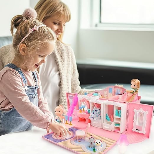 MIVEAS CARE Kids Dollhouse Playset Portable Dollhouse Toy Girls Pretend Playhouse with Furniture & Figures 2 in 1 Playhouse Set Birthday Gifts for Age 3-6 Year Old Kindergarten Toddlers Preschoolers 4