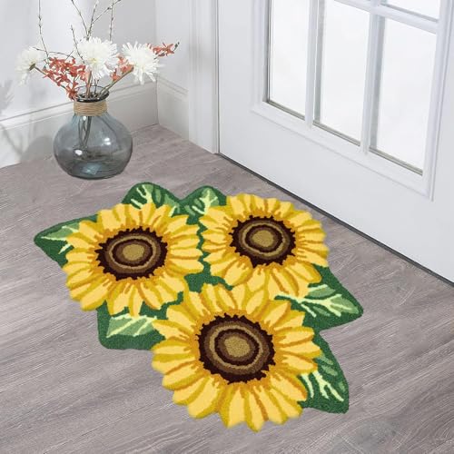 USTIDE Sunflower Rug for Kitchen Handmade Rug Yellow Flower Floor Mat Modern Rustic Carpet Washable Non-Slip Bathroom Mat for Bedroom/Foyer 3x2 2
