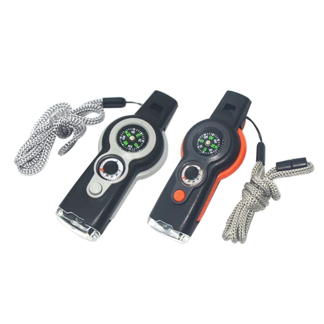 Emergency Whistle 7-in-1 Camping Safety Whistle with Compass Thermometer Light Magnifier Mirror for Emergency Gray. 3