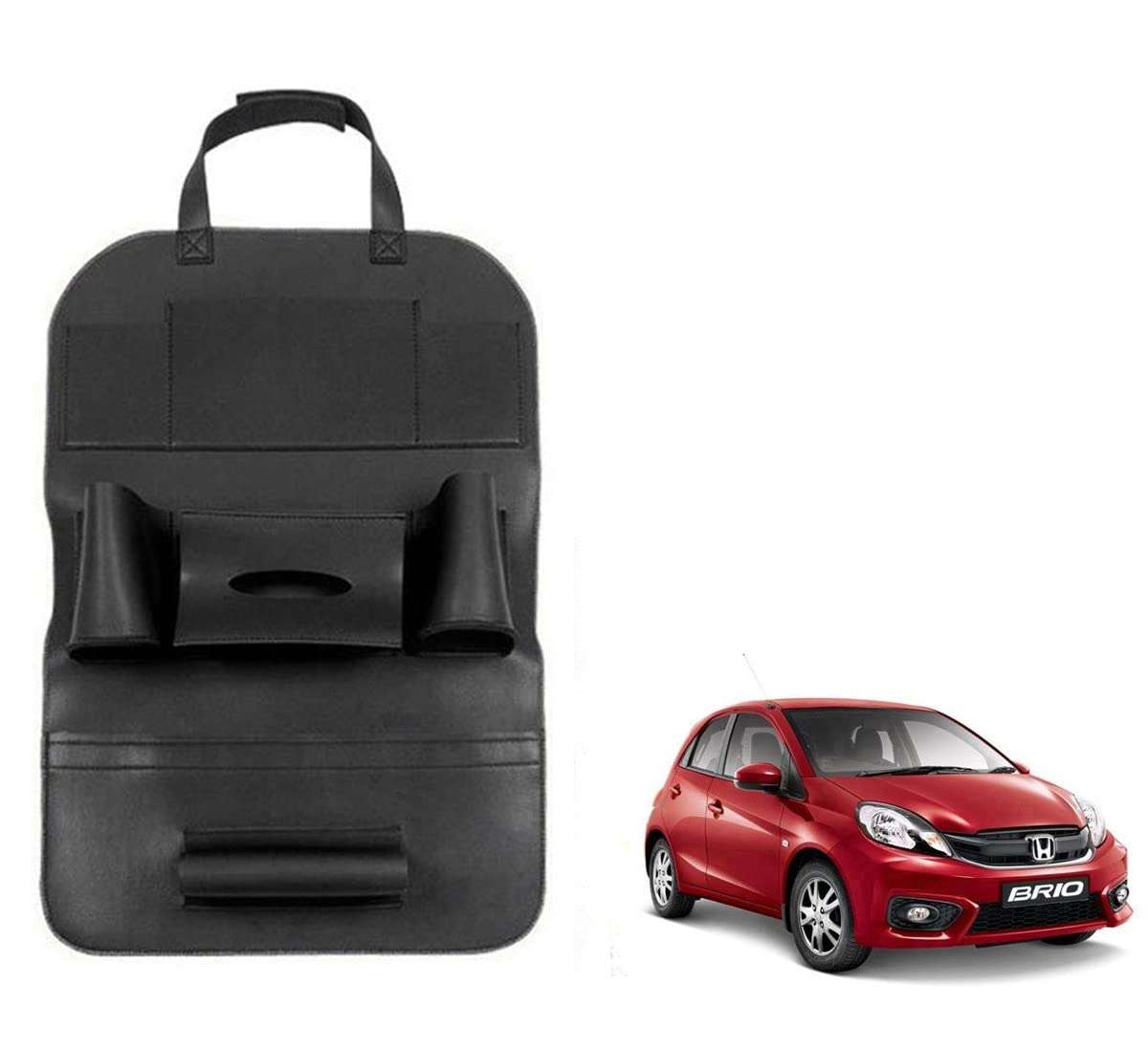 Oshotto Car Backseat Storage Organizer Phone Holder,Multi-Pocket for Bottles, Tissue Boxes,Kids Toy Storage and Great Travel Accessory Compatible with Honda Brio (Black) 1