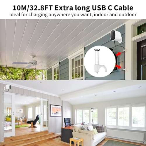 USB to USB-C Camera Charging Cable 10m, Power Extension Cable for Vimtag Mini G3 Xiaomi Smart Camera C400 C500 Pro, Type C Charger Cord with 10 Wire Clips for Security Camera Outdoor/Indoor Black 6