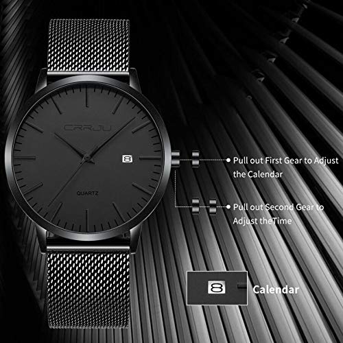 CRRJU Men's Luxury Fashion Watches Slim Casual Waterproof Date Quartz Mesh Belt Watch for Men,7MM Black/Grey 6
