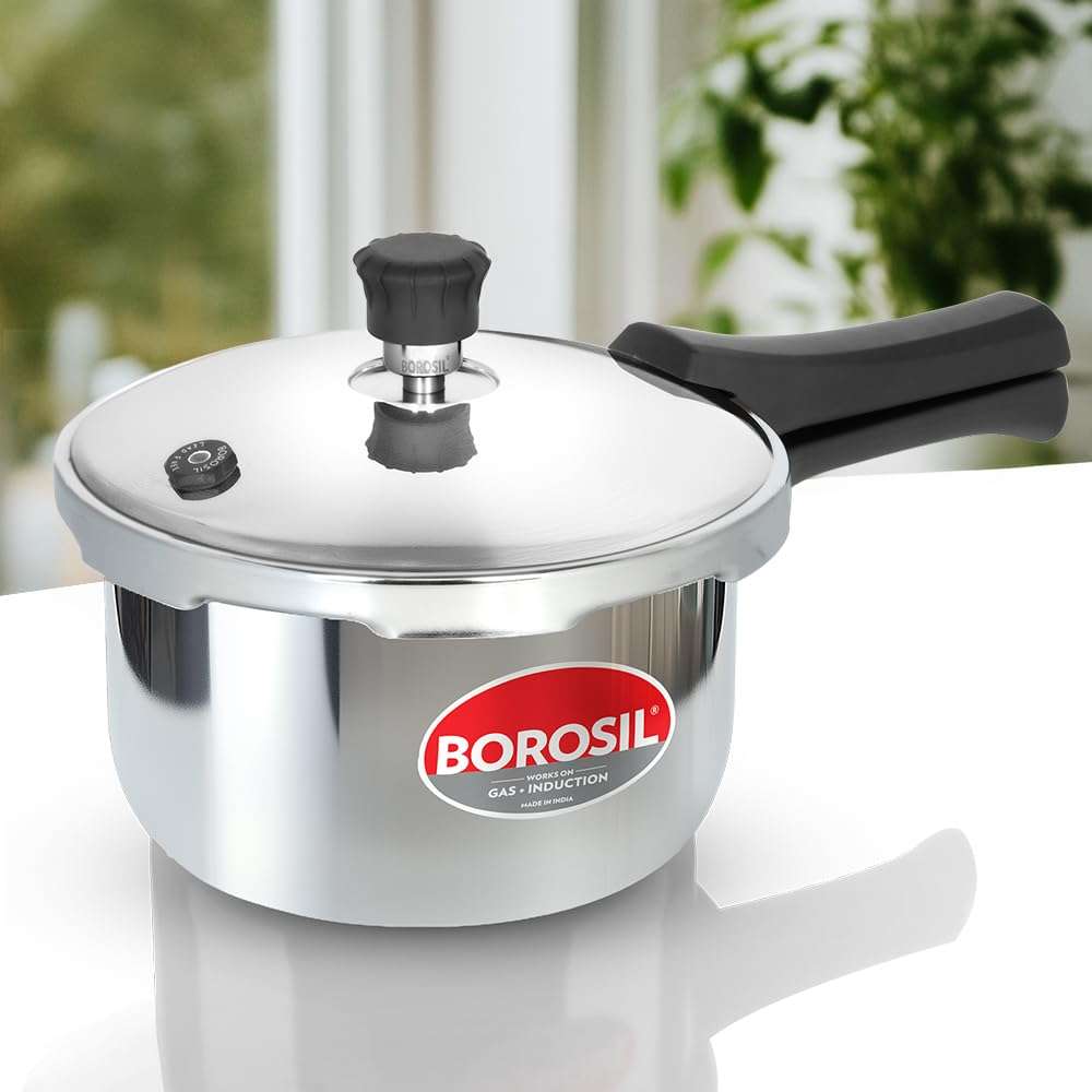 Borosil Triply Pressure Cooker | SS304 Food Grade Stainless Steel | Even Heat Distribution | Gas Stove & Induction Compatible | Dishwasher Safe | 5 Years Warranty (2 L, Outer Lid) 1