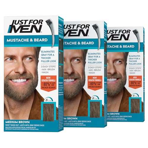 Just For Men Mustache & Beard, Beard Coloring for Gray Hair with Brush, with Keratin Biotin Aloe and Coconut Oil for Healthy Facial Hair - Medium Brown, M-35, Pack of 3 (Packaging May Vary) 1